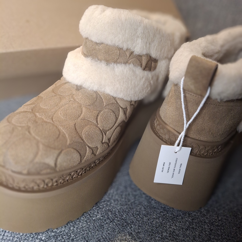 Coach Tan Suede Platform Ankle Boots with Shearling Cuff